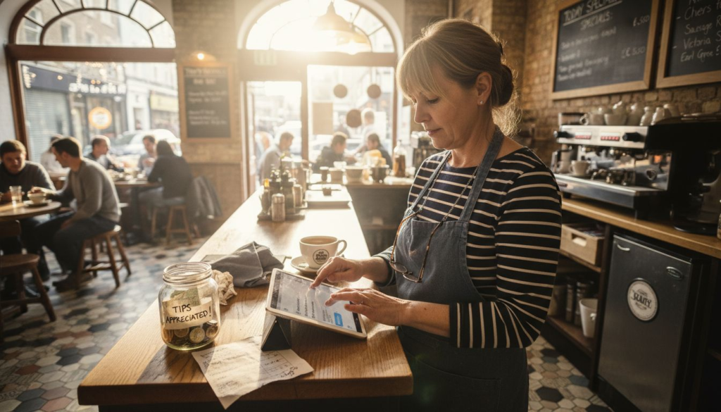 Small café owner uses tablet for AI chat