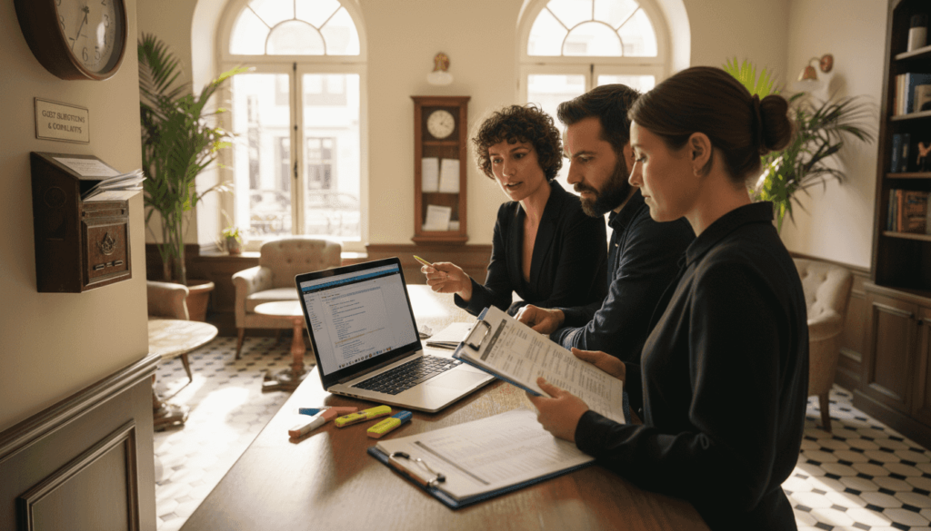 Hotel staff reviews AI logs at reception