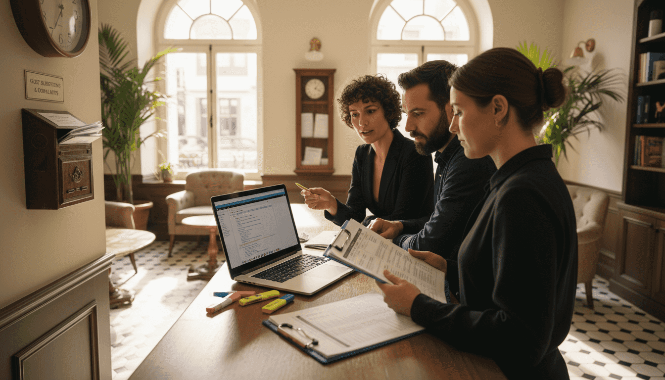 Hotel staff reviews AI logs at reception