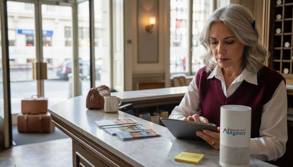 Boutique hotel manager using AI at reception