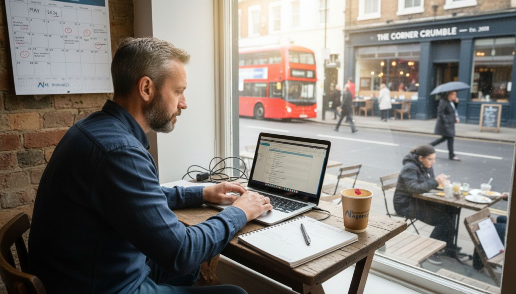 Hospitality owner using laptop in busy office