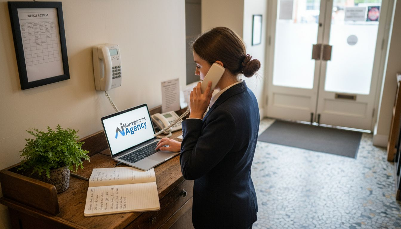 Receptionist using a laptop with "Management Agency" logo, on the phone in a boutique hotel setting, with a notepad and plant on the desk, highlighting AI solutions for hospitality efficiency.