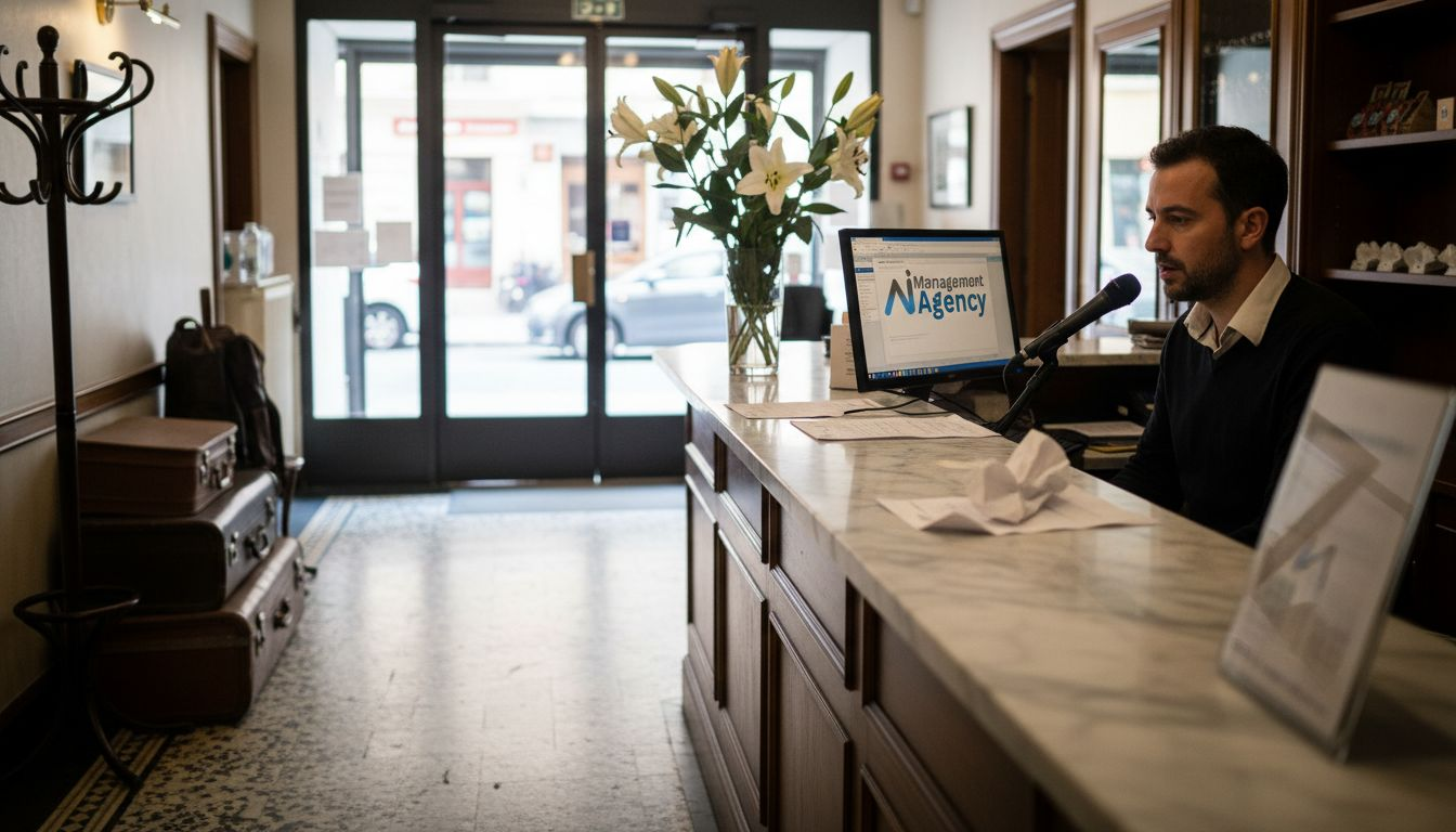 Reception area of a boutique hotel featuring a man at the front desk, computer displaying "Management Agency," and decorative flowers, illustrating AI-enhanced customer service in hospitality.
