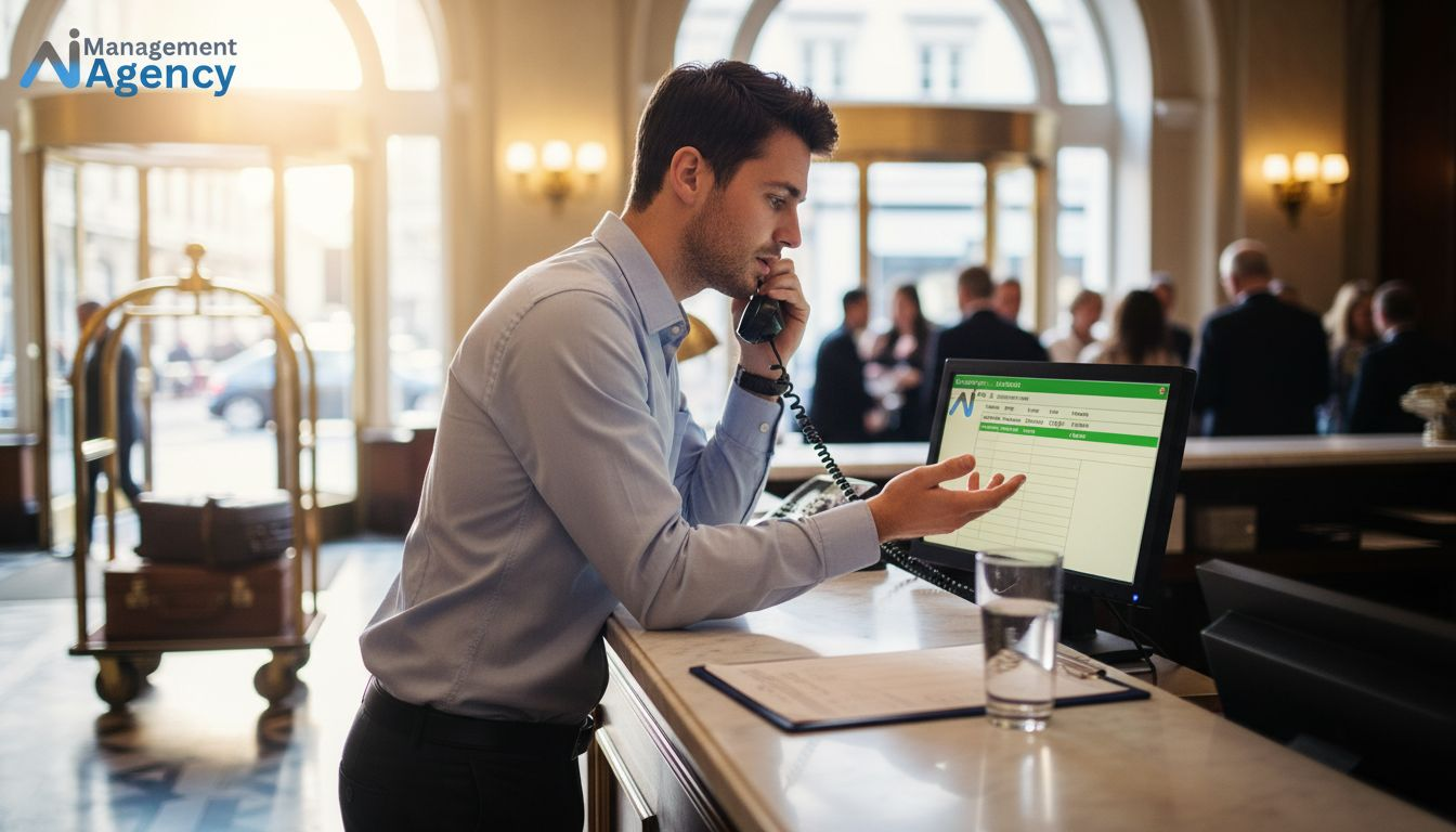 Hotel receptionist using a phone and computer at a front desk, showcasing AI Management Agency branding, with guests in the background, highlighting the role of AI in enhancing hotel guest communication and service efficiency.
