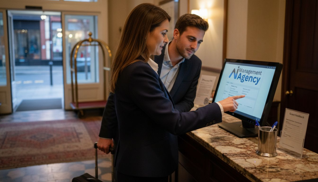 Hotel manager using AI at front desk