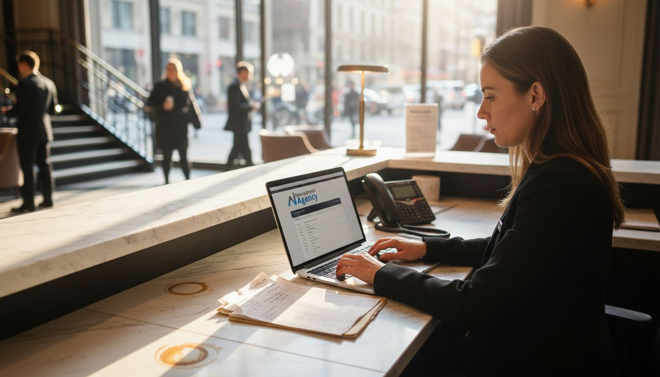 Woman working at hotel reception desk using a laptop with AI management software, surrounded by guests and a modern hotel environment, illustrating AI integration in hotel booking processes.