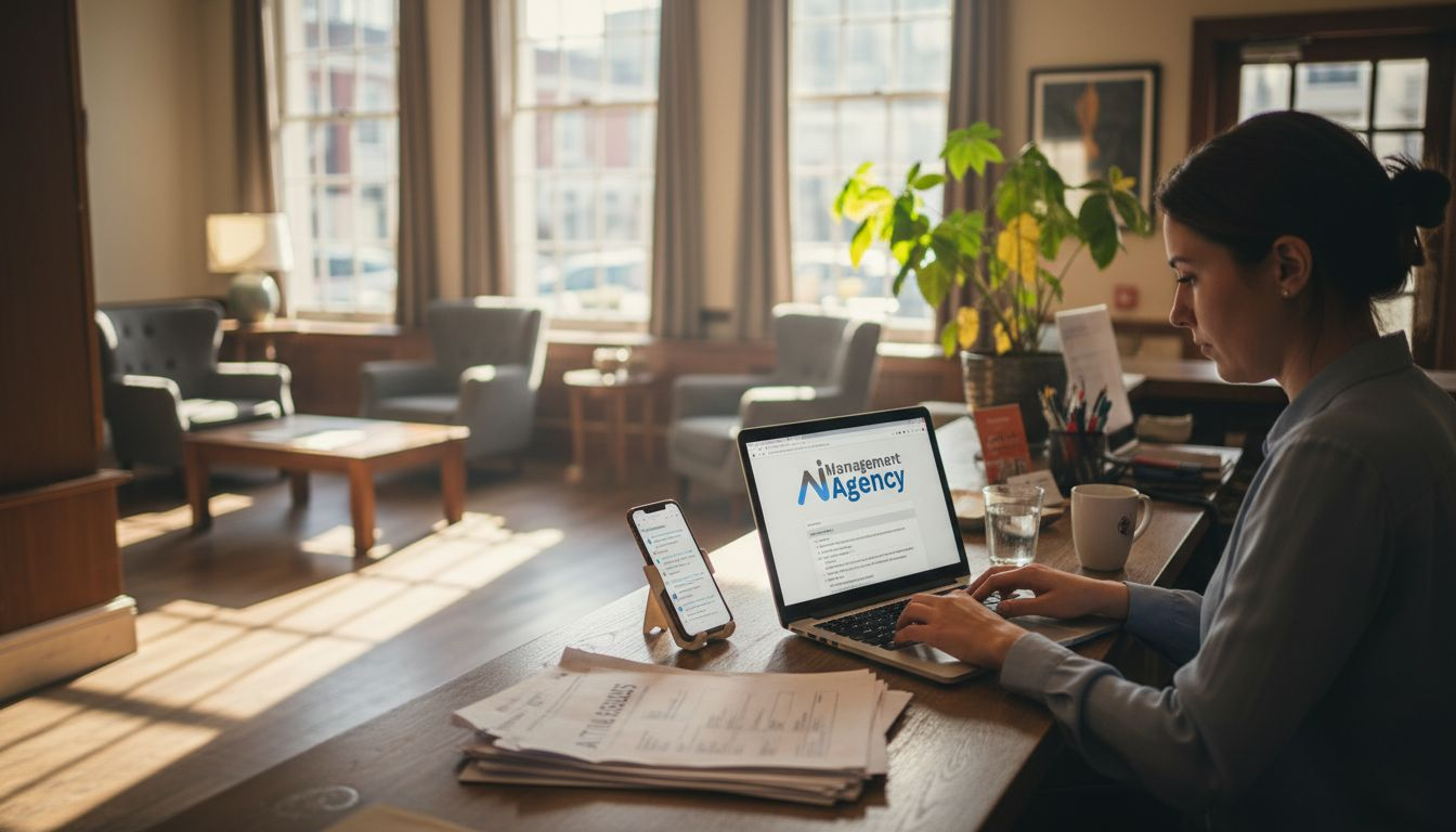 Woman working on laptop at a desk in a hospitality setting, featuring AI Management Agency website, smartphone, and paperwork, highlighting AI solutions for small businesses.