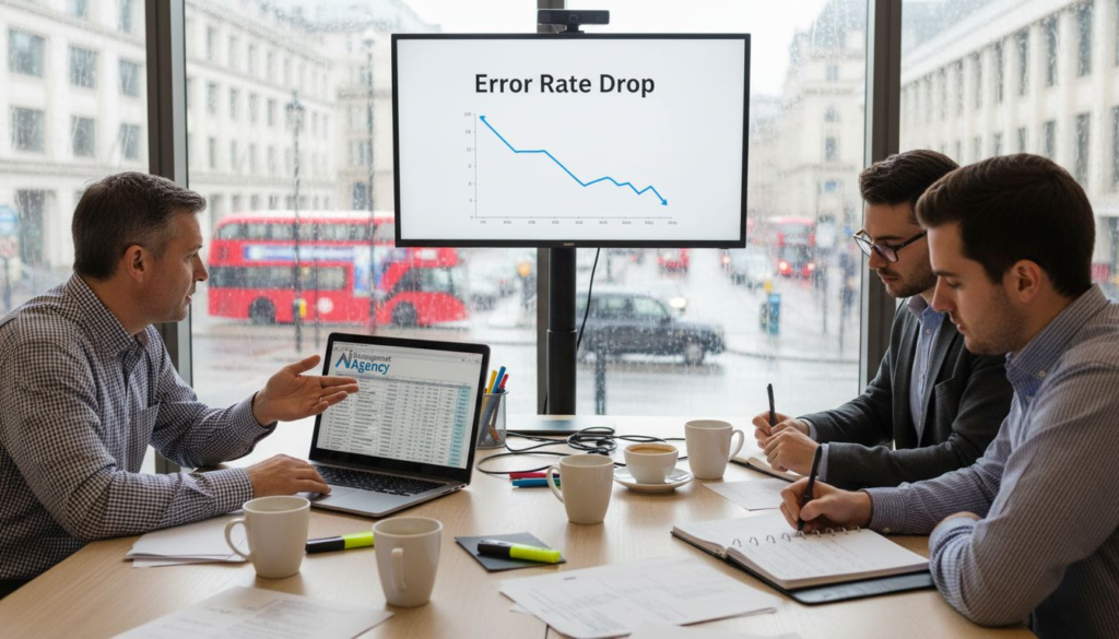 Team reviewing AI agent training results