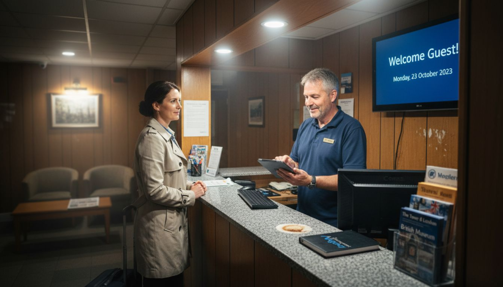 Receptionist uses tablet for booking at hotel