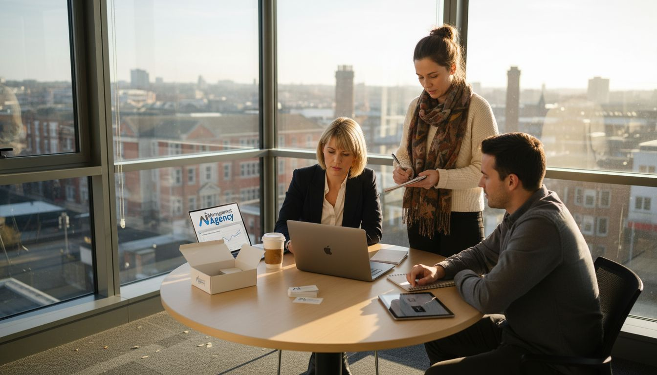 Business meeting at a modern office table with three professionals discussing AI solutions, featuring a laptop and branded materials for AI Management Agency.