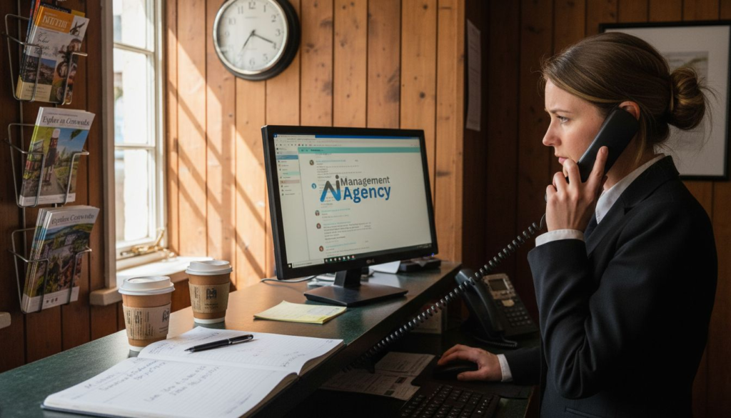 Receptionist using AI answering service in hotel lobby