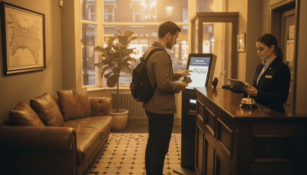 Hotel guest using AI check-in kiosk