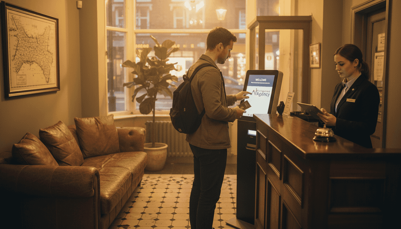 Hotel guest using AI check-in kiosk
