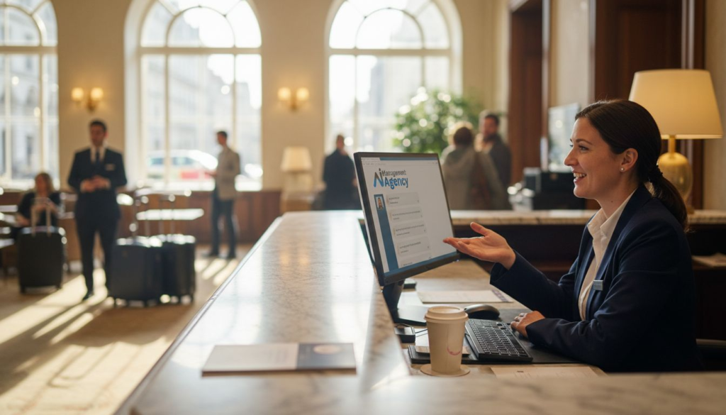 Hotel receptionist using AI chatbot screen