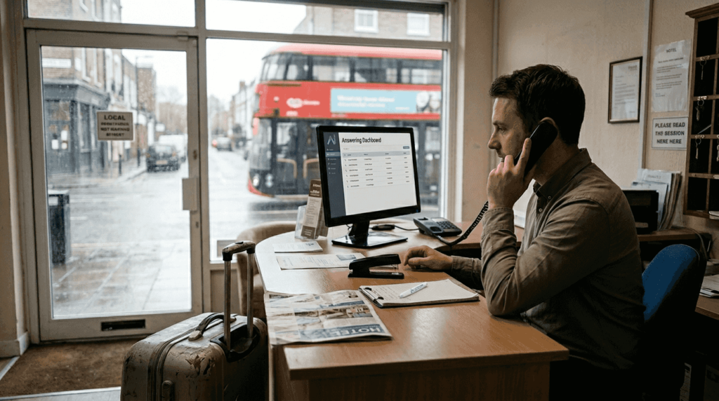 Front desk with AI dashboard and phone call scene