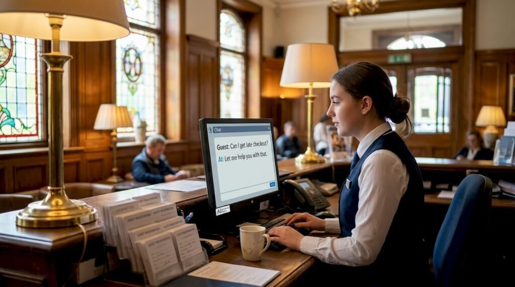 Receptionist using conversational AI at hotel desk