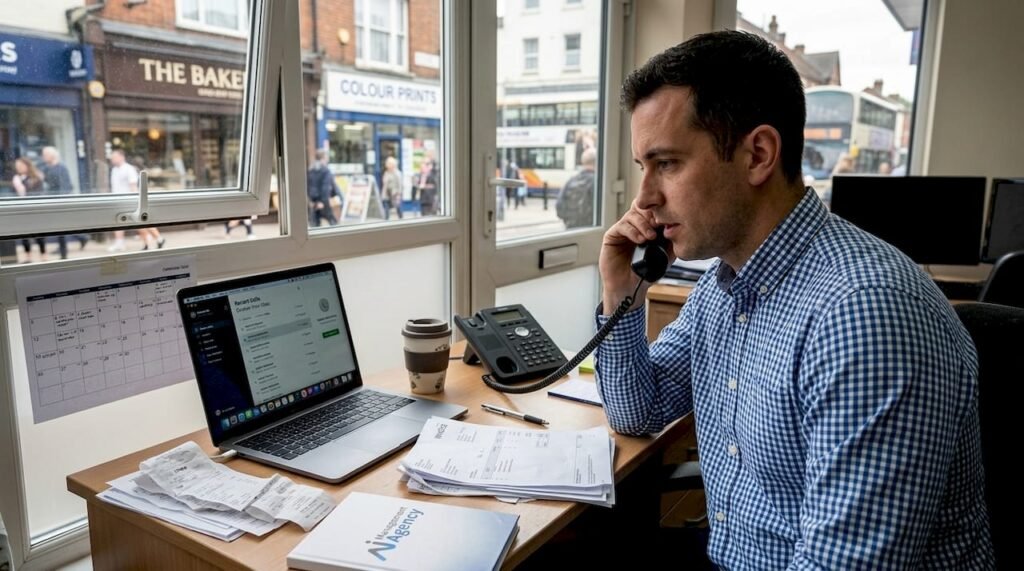 Small business owner using AI answering service