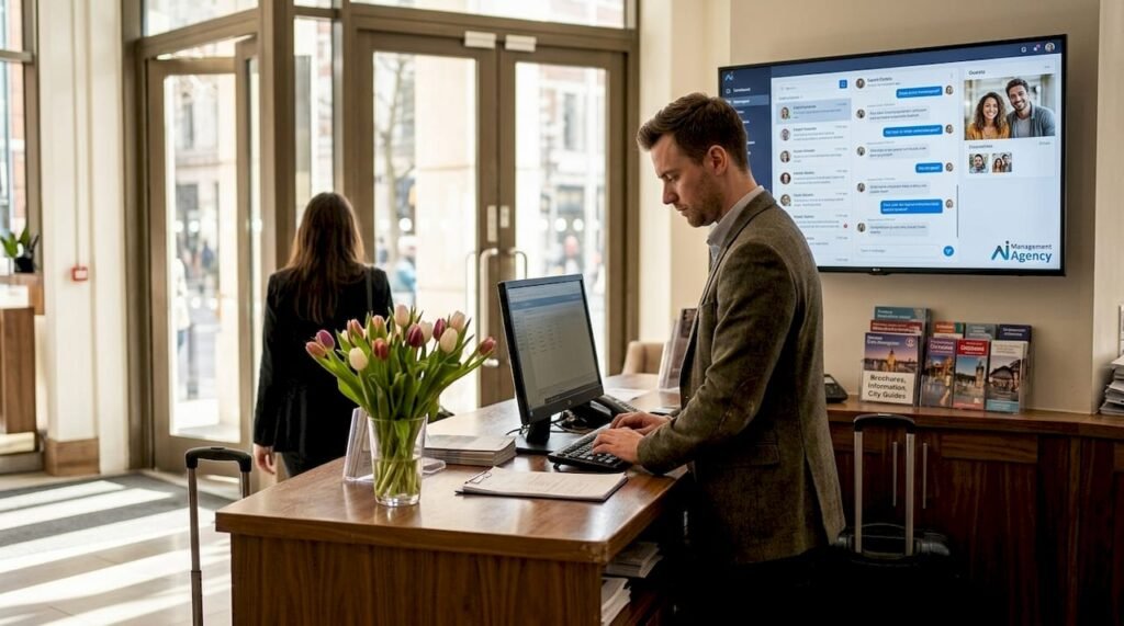 Hotel receptionist using AI messaging dashboard
