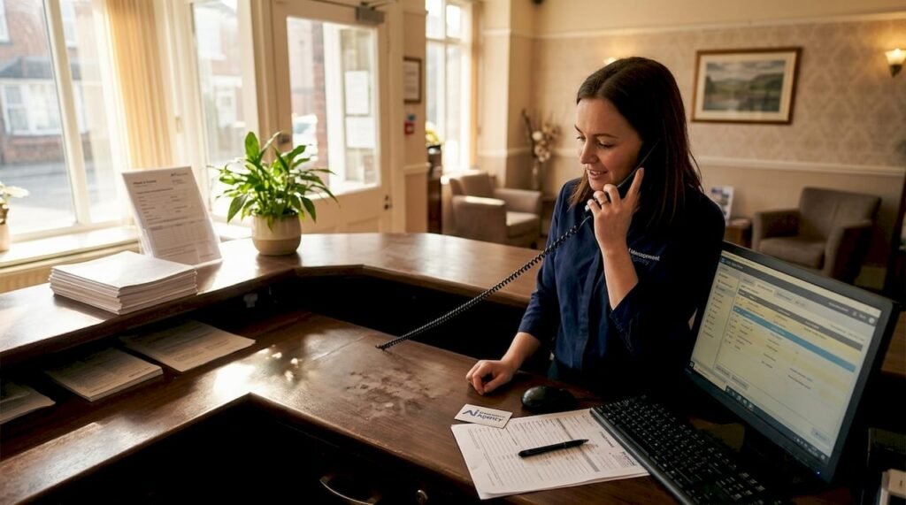 Hotel receptionist handling call at busy front desk