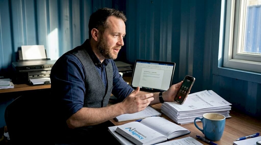 Business owner using phone speech-to-text tool