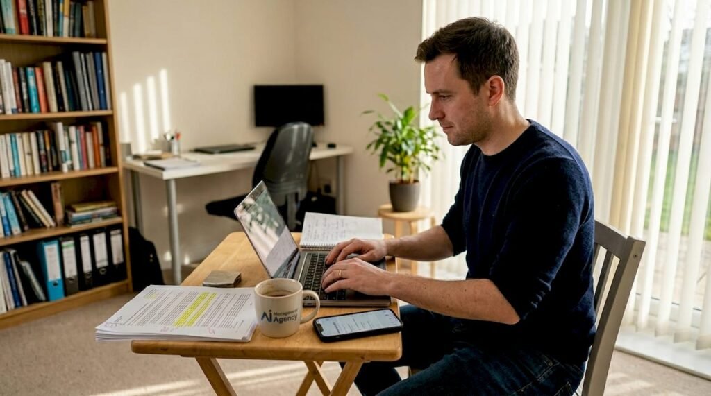 Startup founder working with laptop and notes