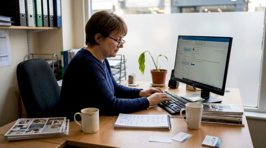 Business owner replying to emails in busy office