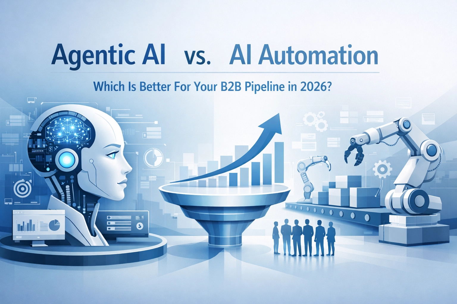 Agentic AI vs. AI Automation visual comparison, featuring robotic head, data graphs, sales funnel, and robotic arms, illustrating B2B pipeline advancements in 2026.