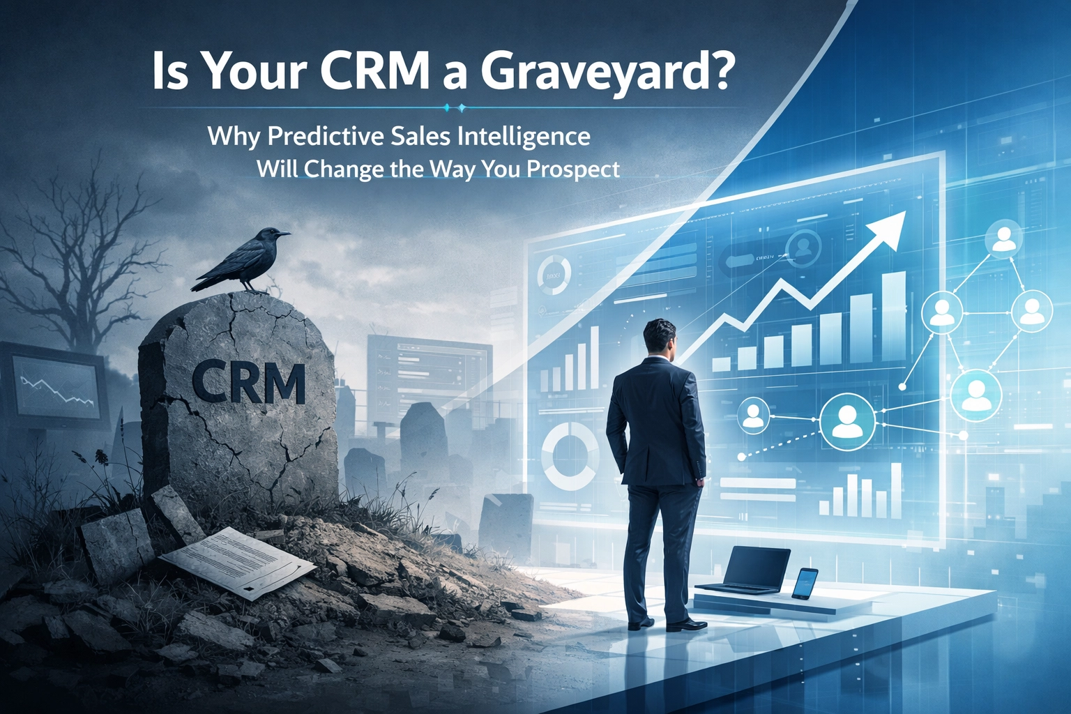 Businessman in suit standing before gravestone marked 'CRM', with data visualizations and graphs in the background, symbolising the need for predictive sales intelligence in CRM systems.