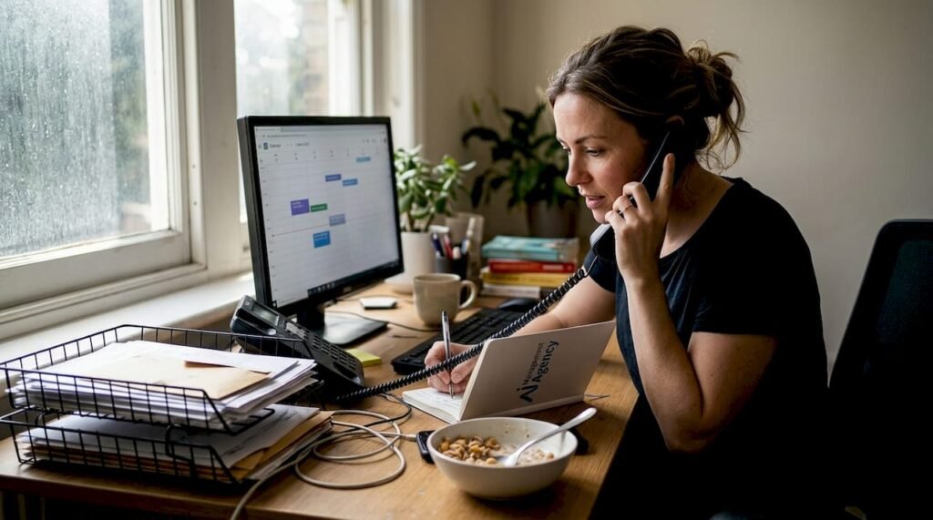 Business owner managing phone calls at desk
