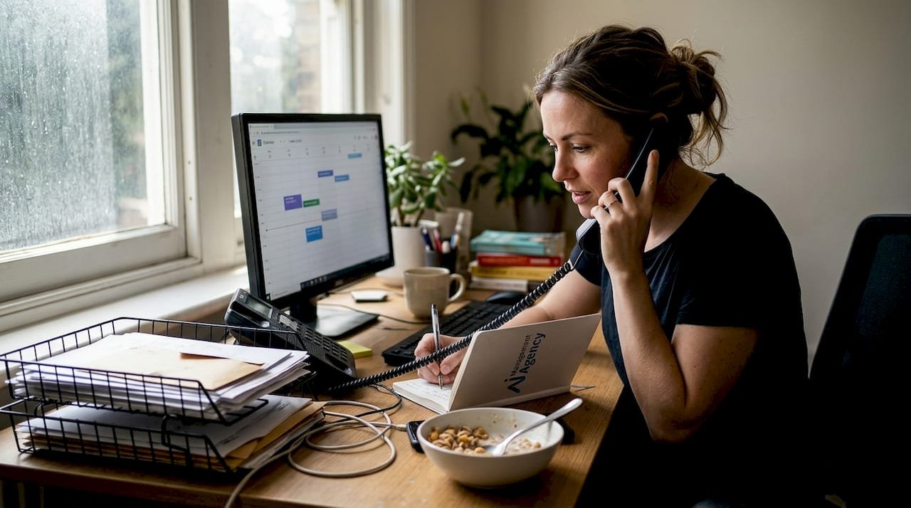 Business owner managing phone calls at desk