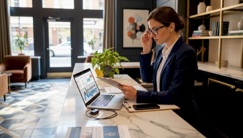Hotel manager analyzes guest data at lobby desk
