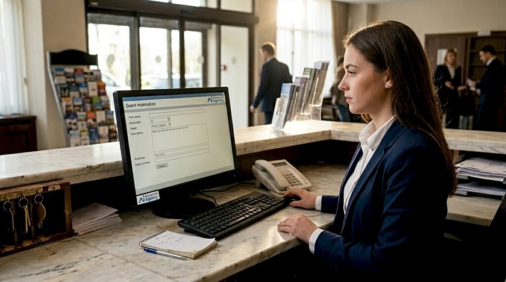 Receptionist using AI booking system at hotel