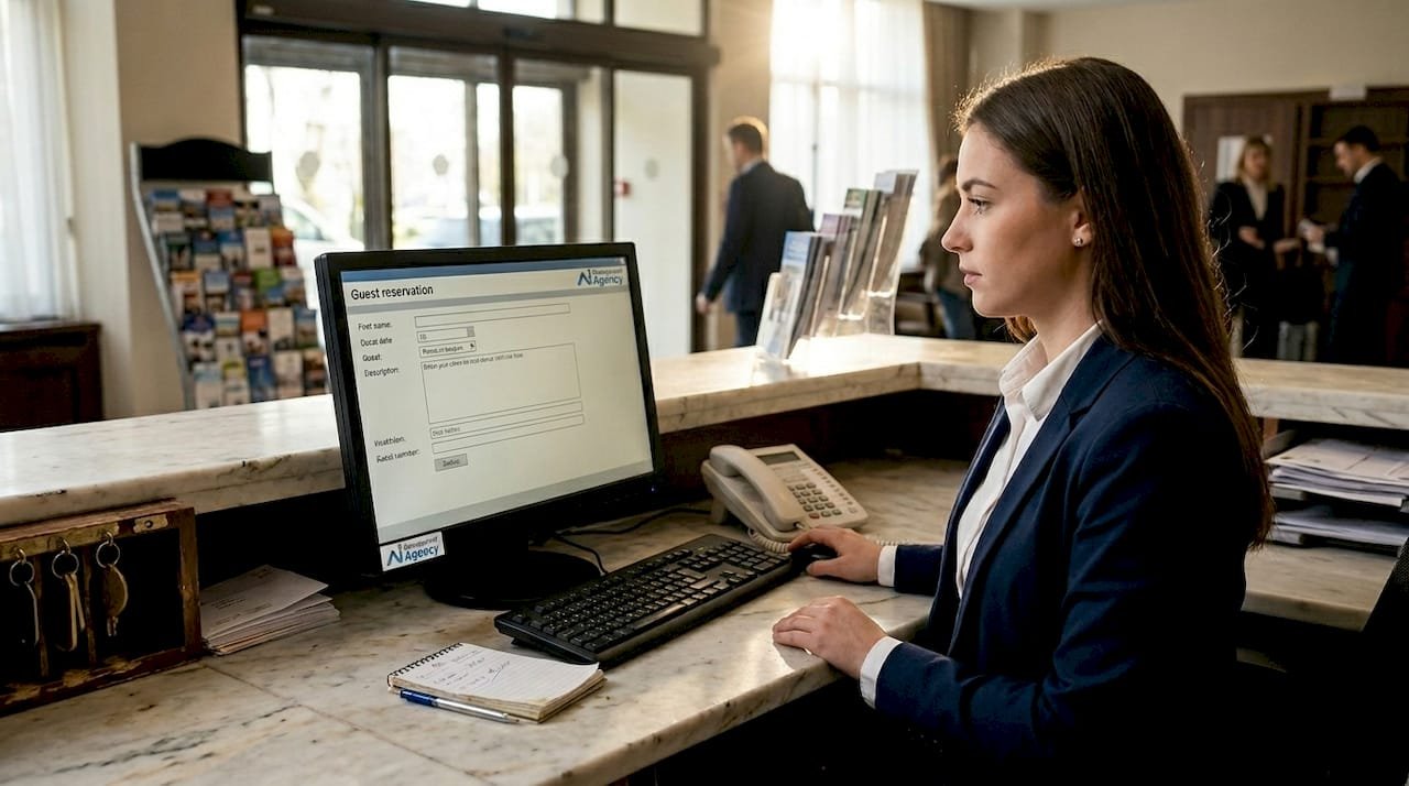 Receptionist using AI booking system at hotel