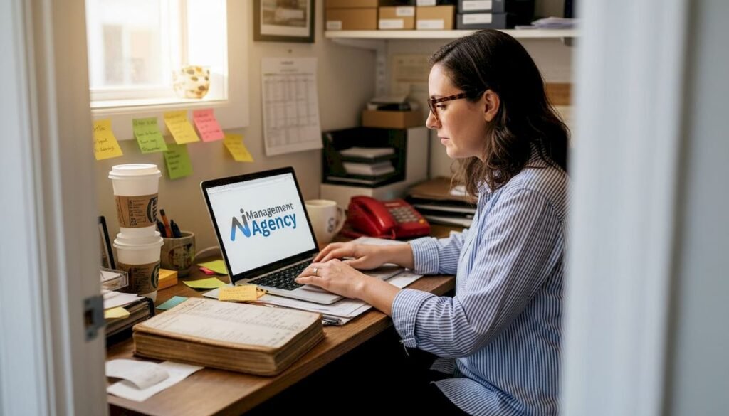 Small business owner using chatbot in shop office