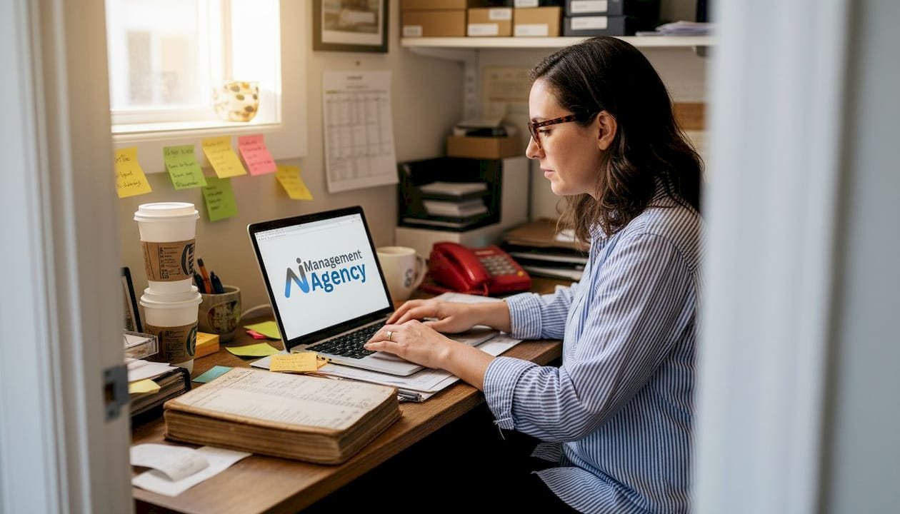 Small business owner using chatbot in shop office