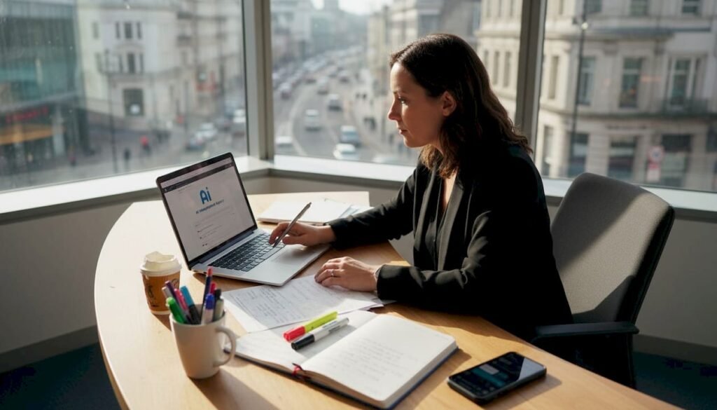 Business owner reviews admin tasks with AI tools