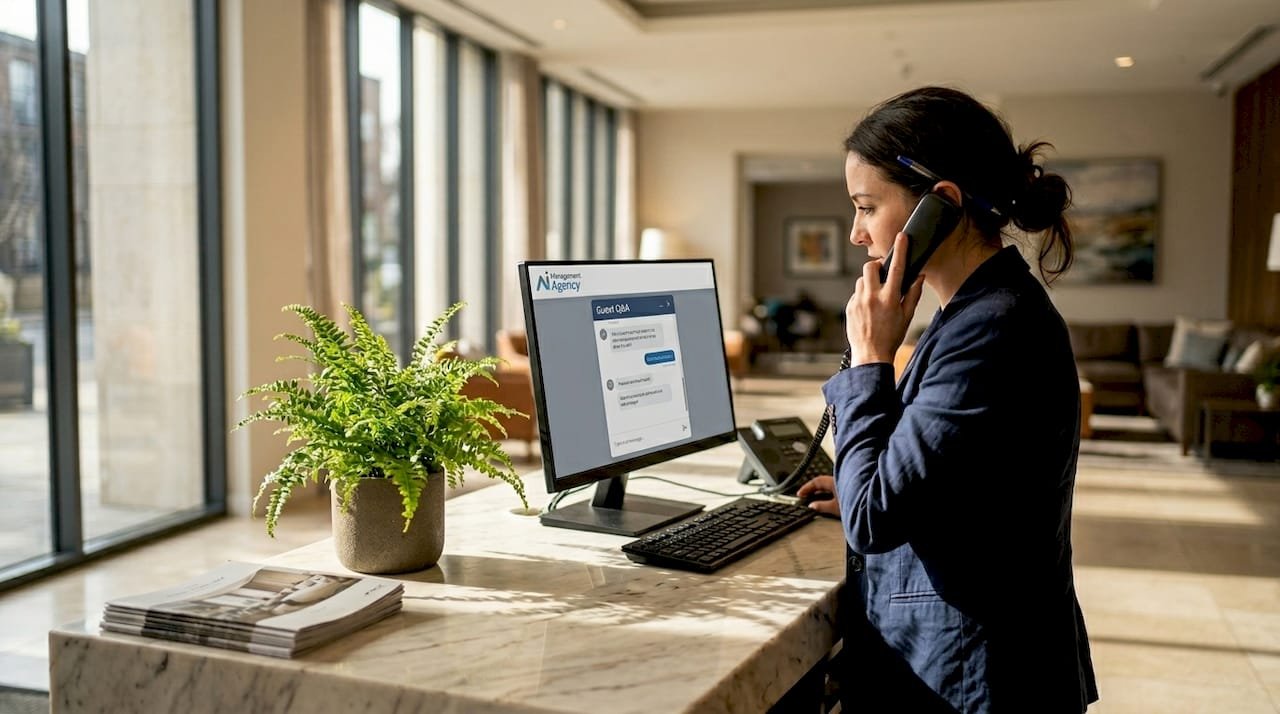 Hotel receptionist using AI tool at desk
