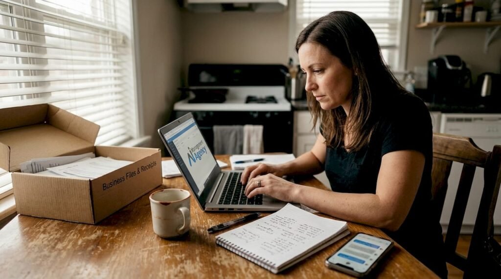 Small business owner working at kitchen table with laptop