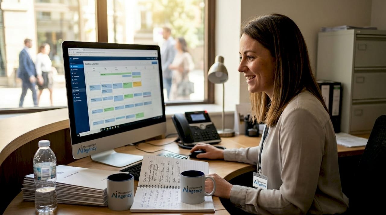 Hotel manager scheduling sales appointments at desk