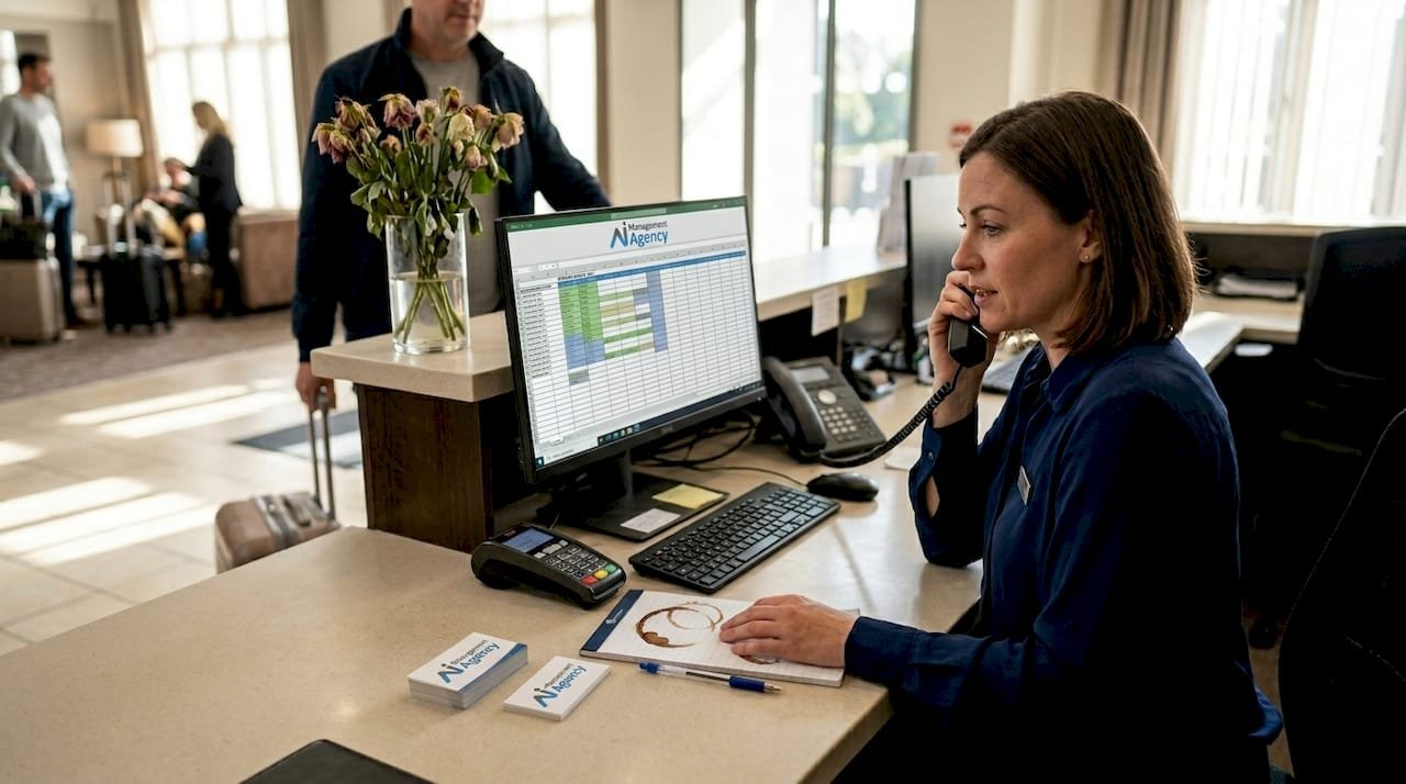 Hotel receptionist with call log at front desk
