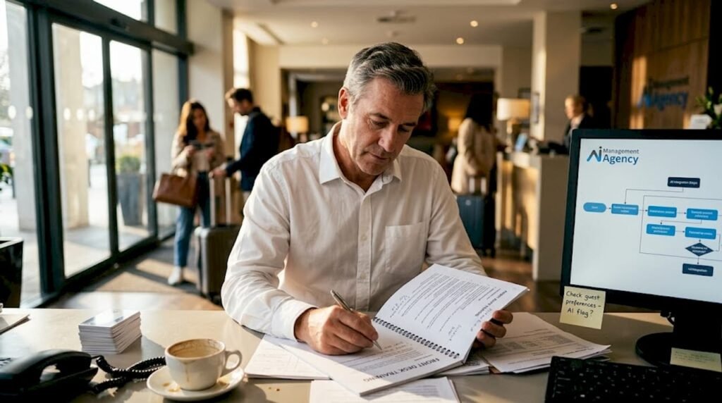 Hotel manager reviews AI training materials