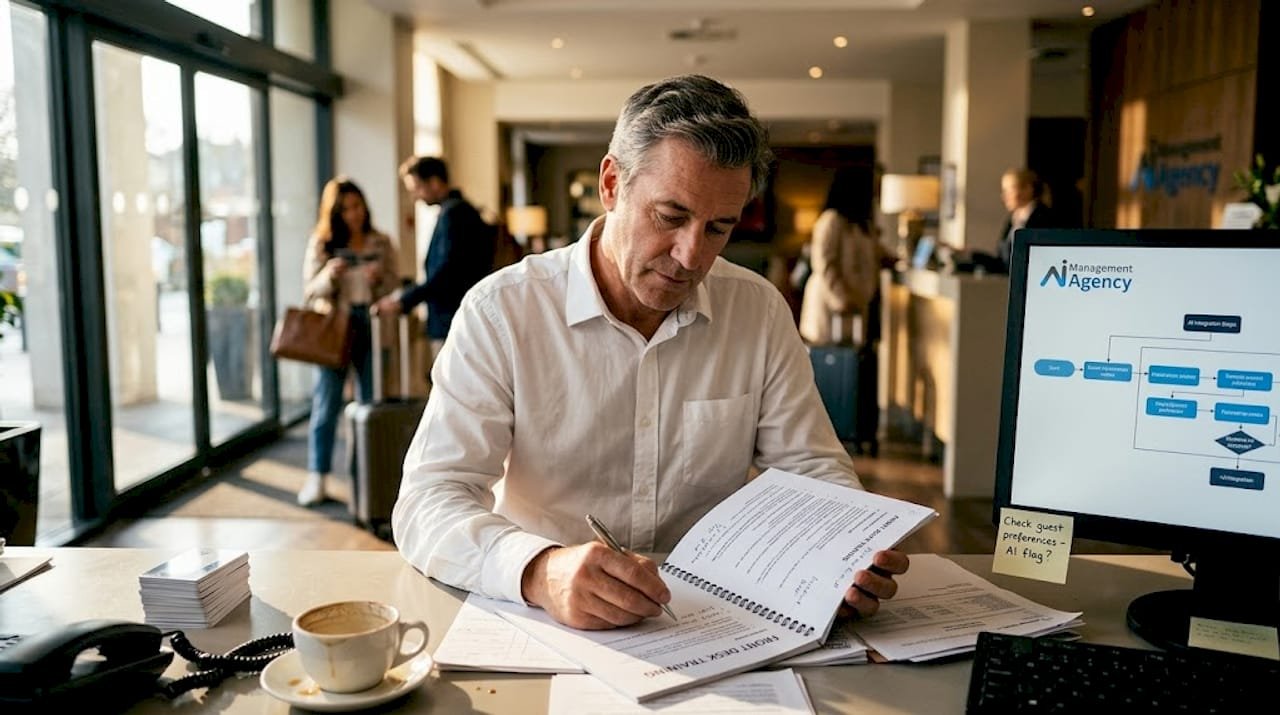 Hotel manager reviews AI training materials