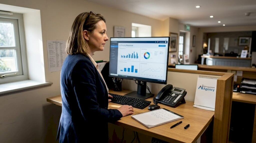 Hotel manager reviewing AI sales dashboard