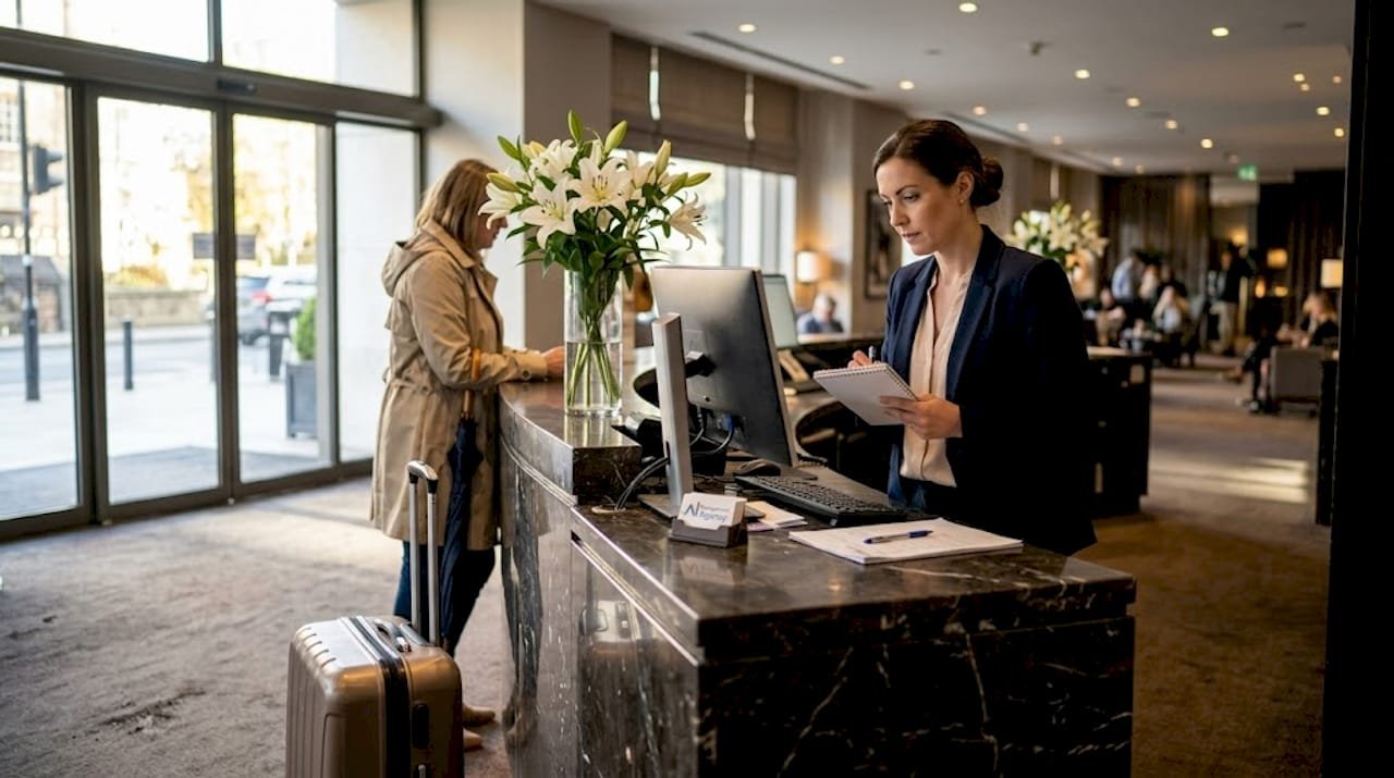 Hotel receptionist assisting guest in busy lobby