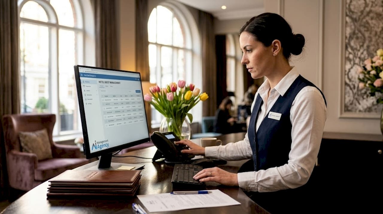 Hotel receptionist reviews AI-powered appointment schedule