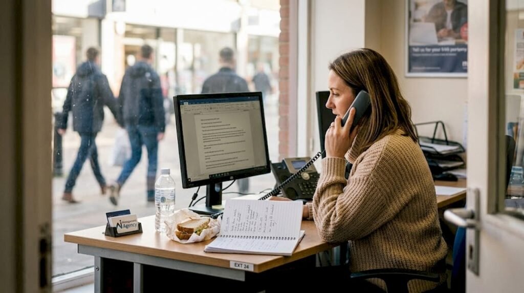 Businesswoman using phone system at small office desk