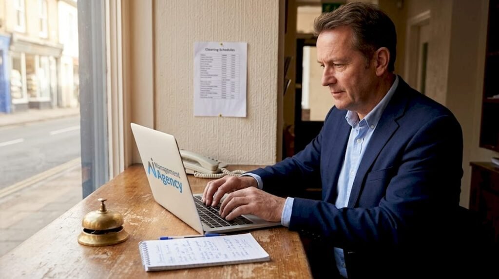 Hotel manager working at busy reception desk