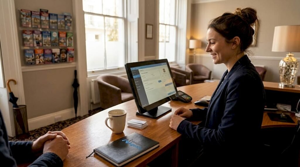Hotel receptionist using AI check-in system