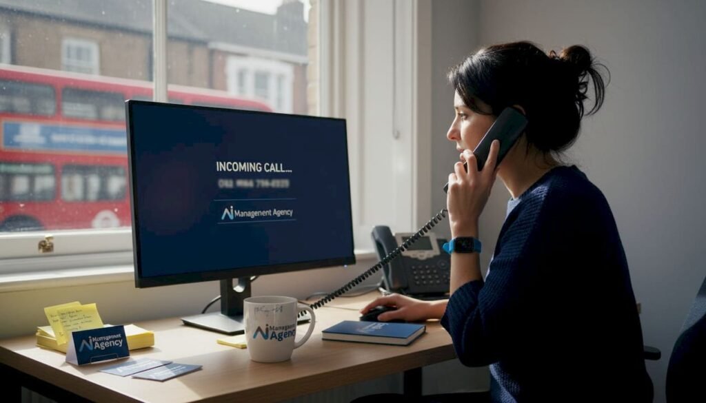 Receptionist using phone in small business office