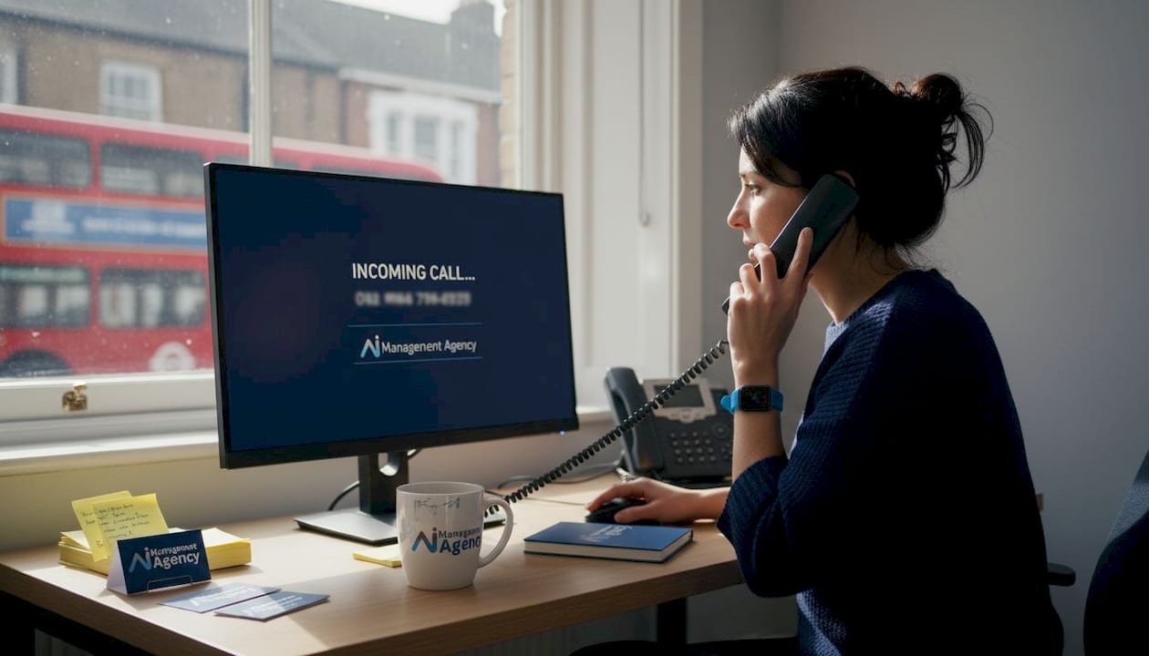 Receptionist using phone in small business office